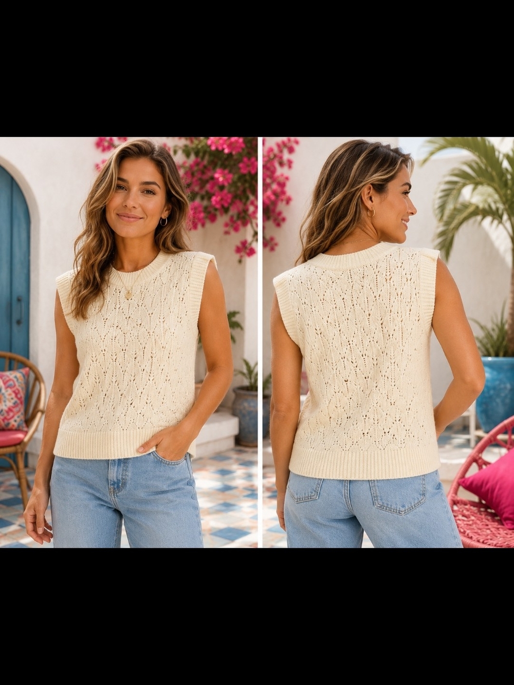 Cream Pointelle Knit Sweater Vest | XS